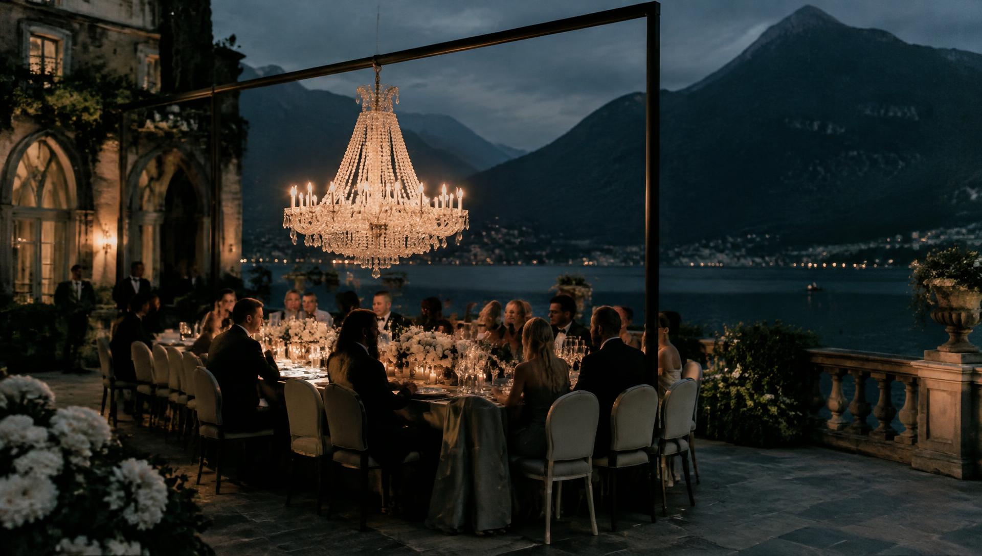 Long dinner table beneath a crystal chandelier on a lakeside terrace